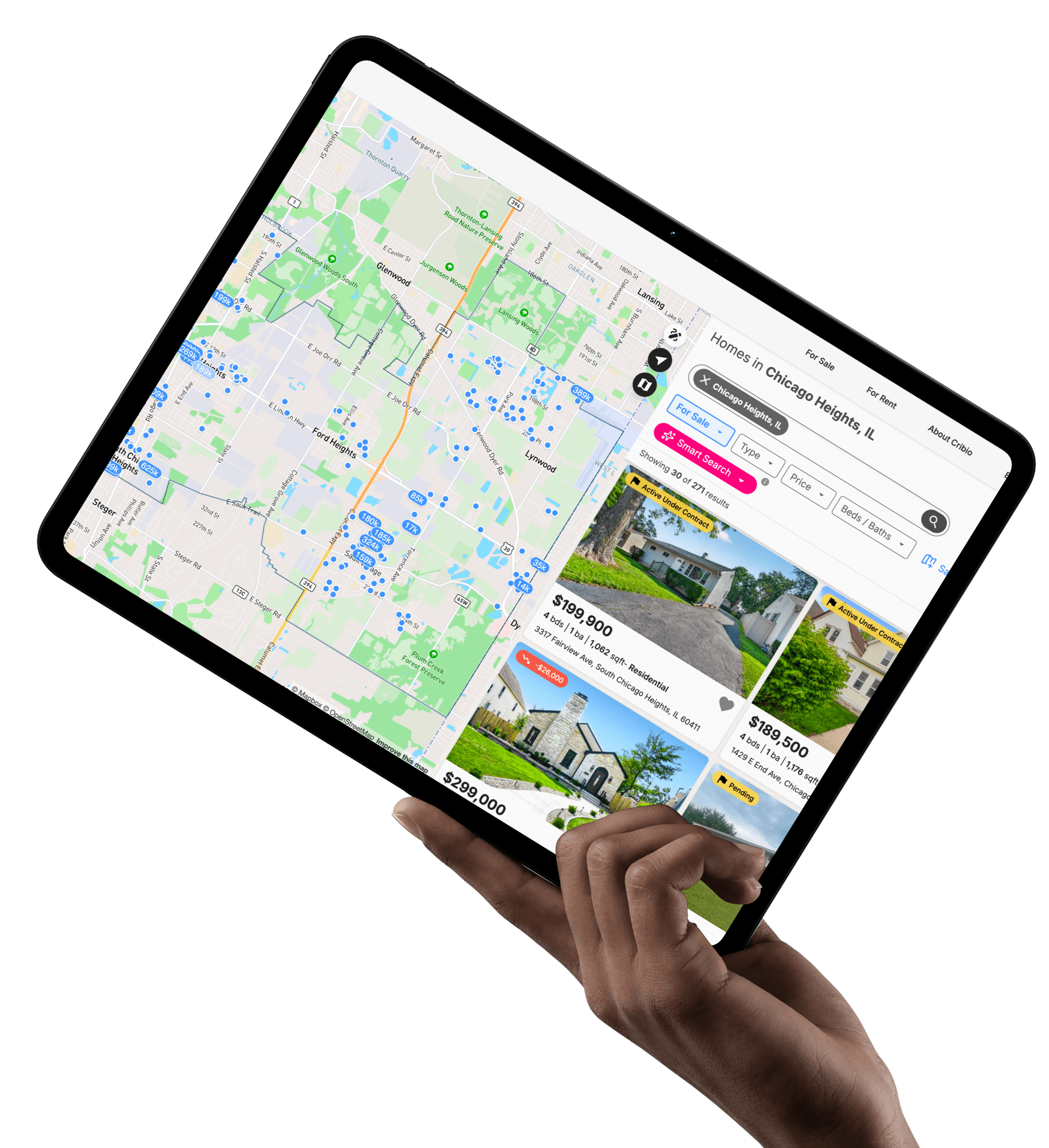Cribio MLS listings map and search on an iPad